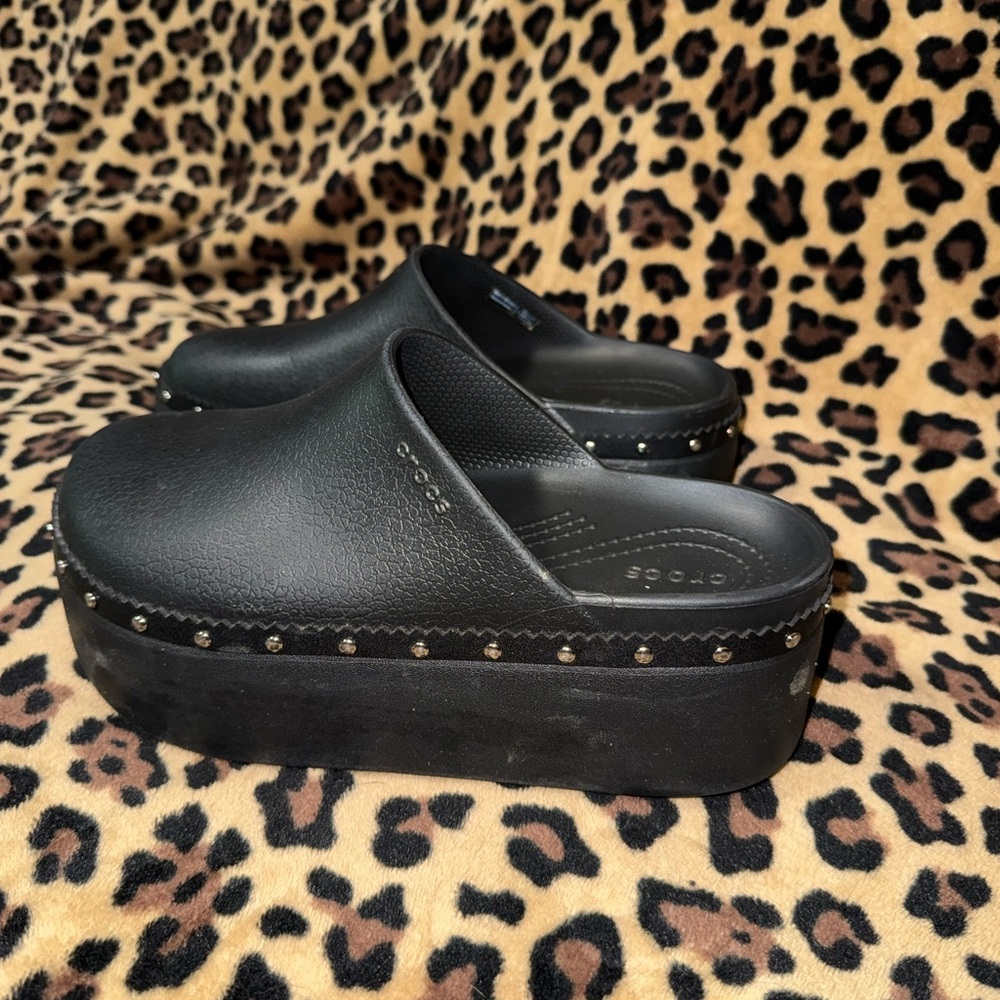 CROCS Black Platform Clog Mules with Stud Detailing